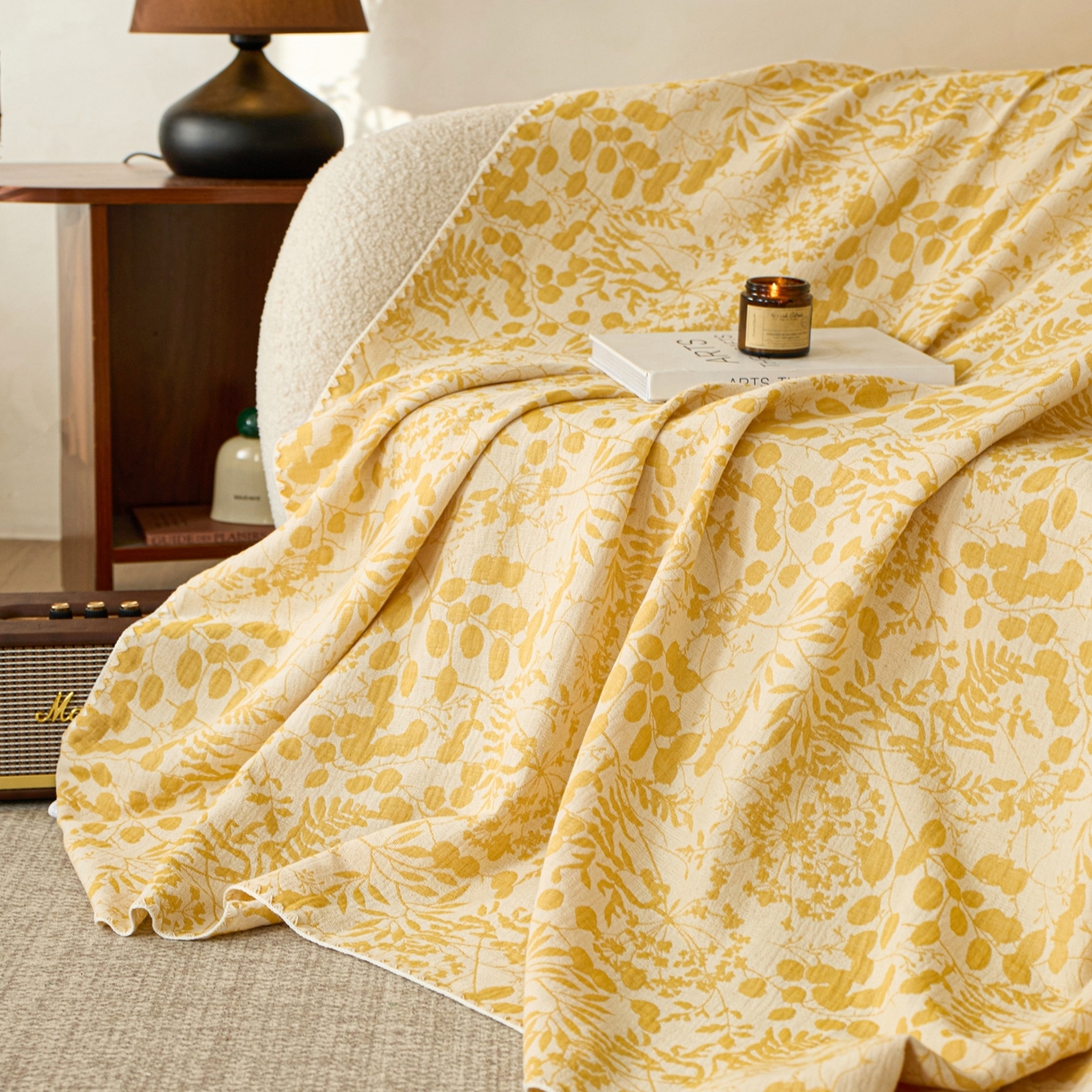 91家纺网 家纺一手货源 找家纺 安莱生活2025新款双层纱多功能盖毯床盖三件套 新栀子花-黄