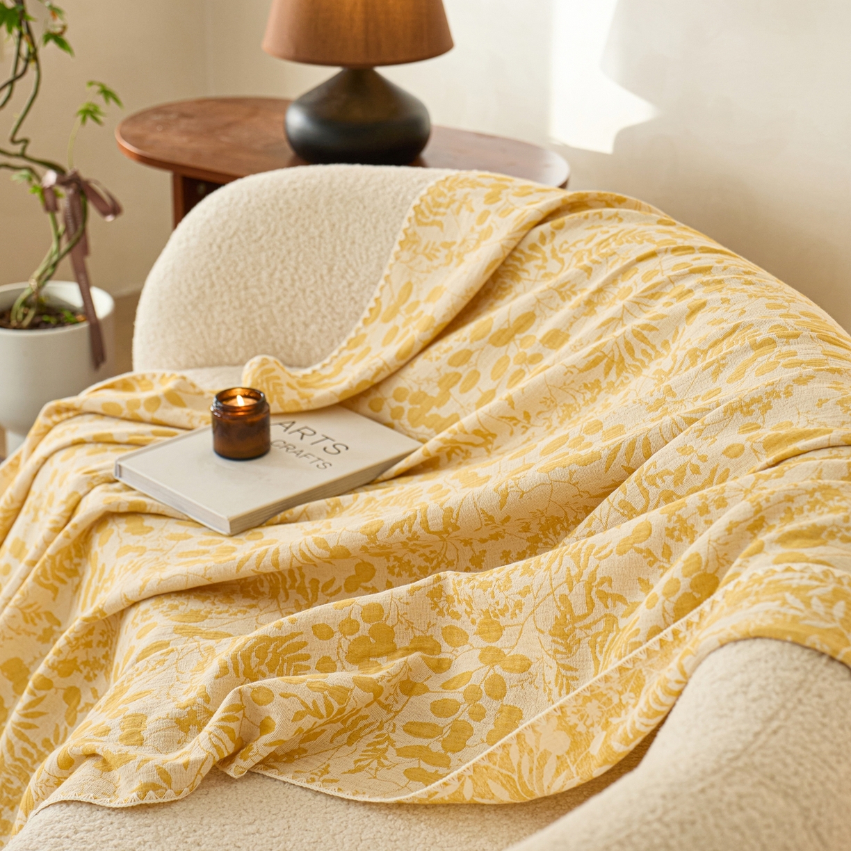 91家纺网 家纺一手货源 找家纺 安莱生活2025新款双层纱多功能盖毯床盖三件套 新栀子花-黄