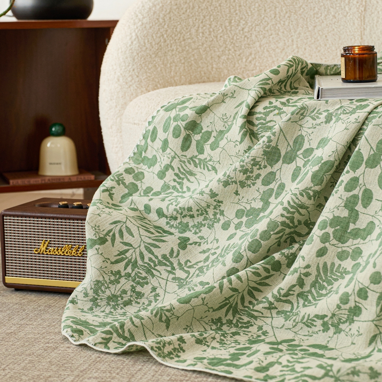 91家纺网 家纺一手货源 找家纺 安莱生活2025新款双层纱多功能盖毯床盖三件套 新栀子花-绿