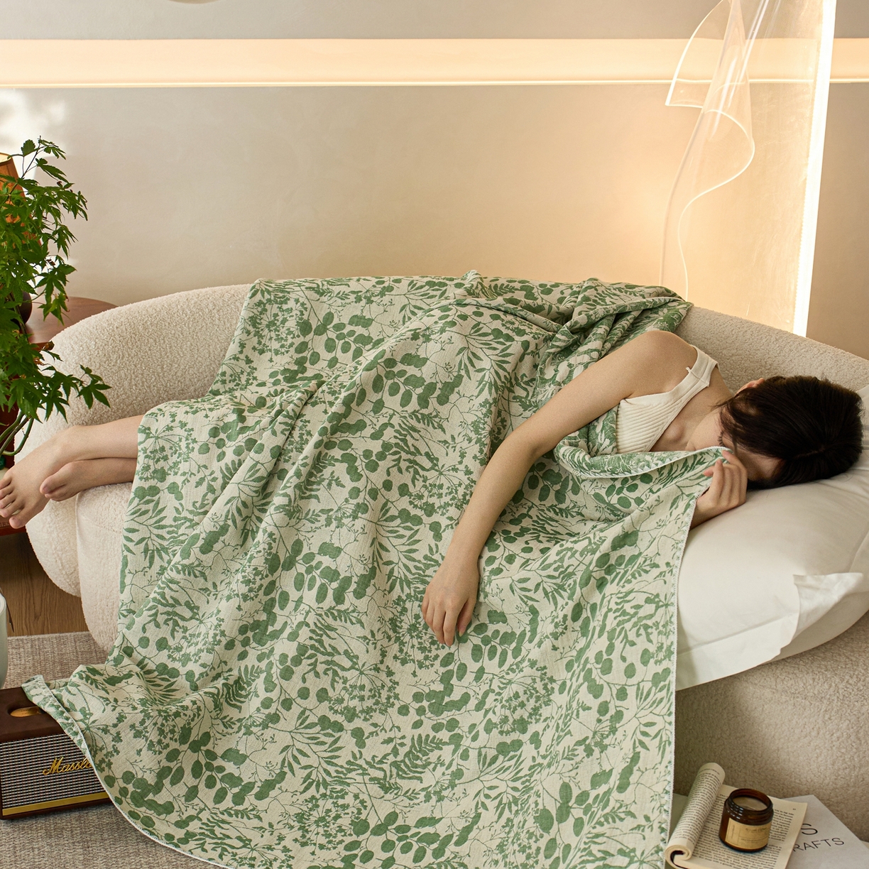 91家纺网 家纺一手货源 找家纺 安莱生活2025新款双层纱多功能盖毯床盖三件套 新栀子花-绿