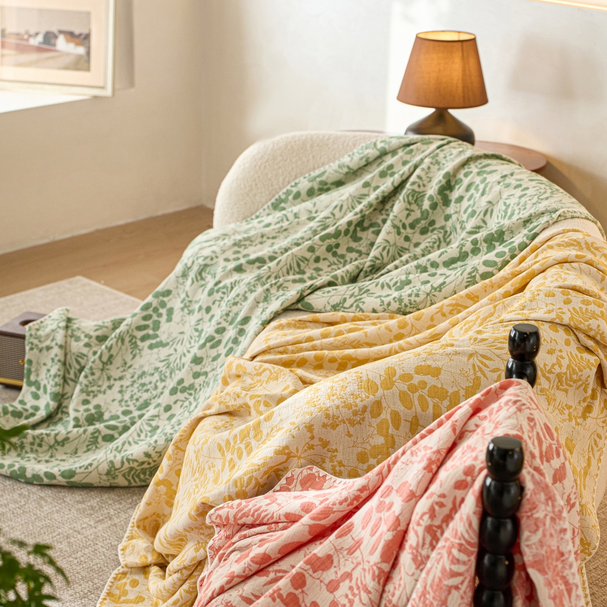 91家纺网 家纺一手货源 找家纺 安莱生活2025新款双层纱多功能盖毯床盖三件套 组合图仅供参考