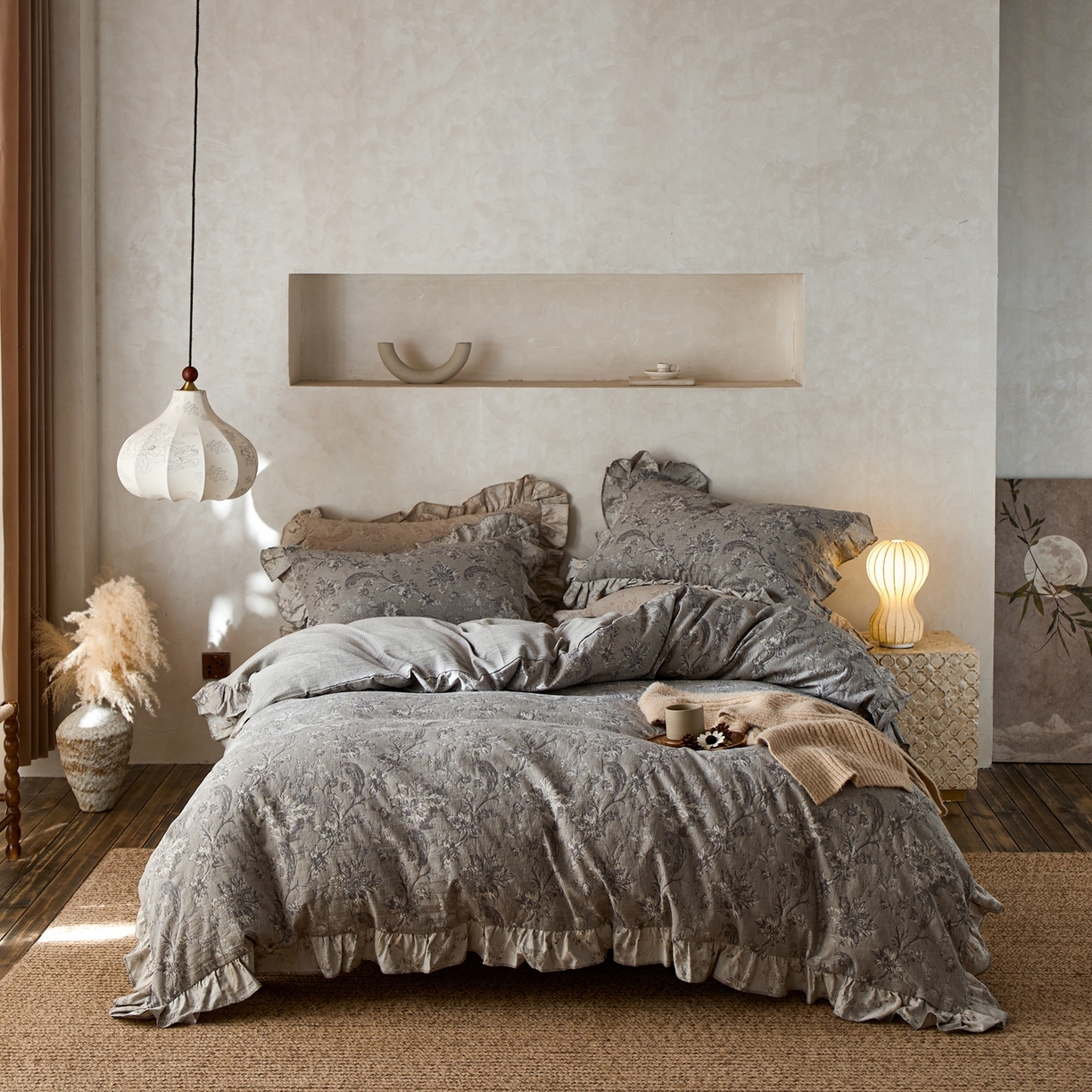 91家纺网 家纺一手货源 找家纺 安莱生活2025新款棉麻高端系列四件套 莫奈花园-深灰