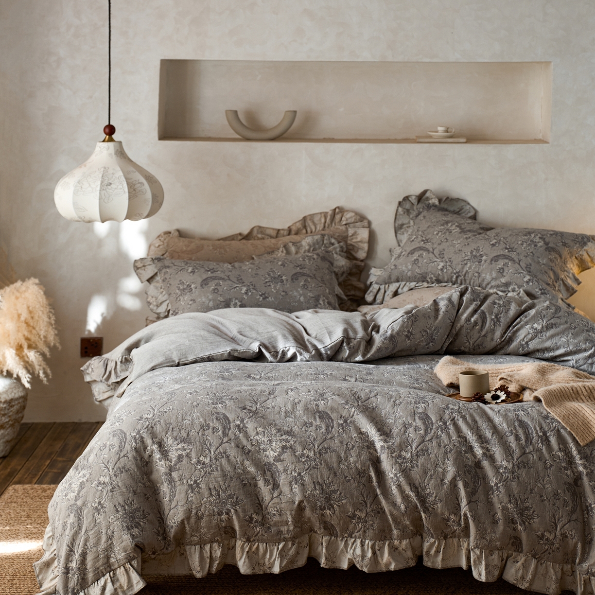 91家纺网 家纺一手货源 找家纺 安莱生活2025新款棉麻高端系列四件套 莫奈花园-深灰