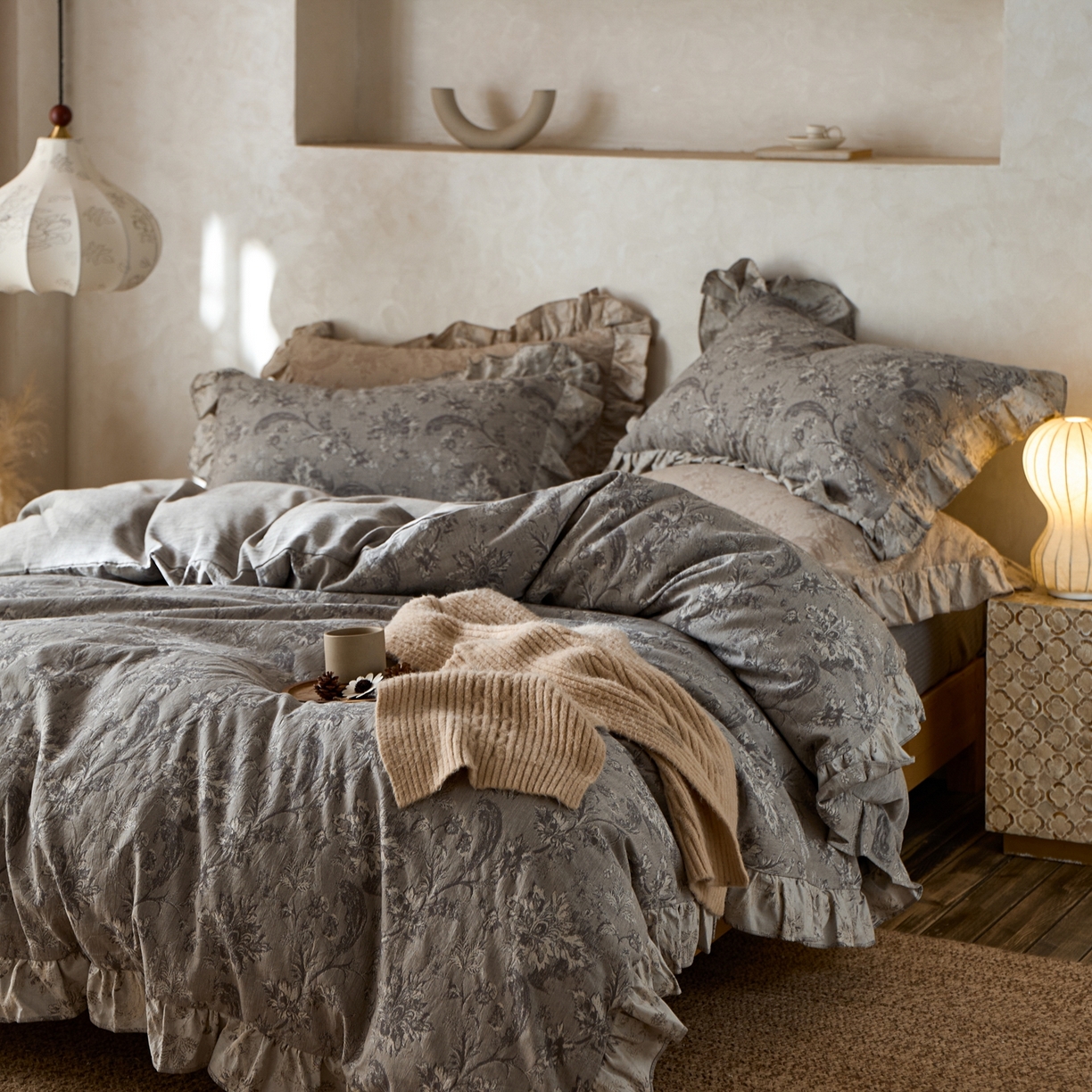 91家纺网 家纺一手货源 找家纺 安莱生活2025新款棉麻高端系列四件套 莫奈花园-深灰