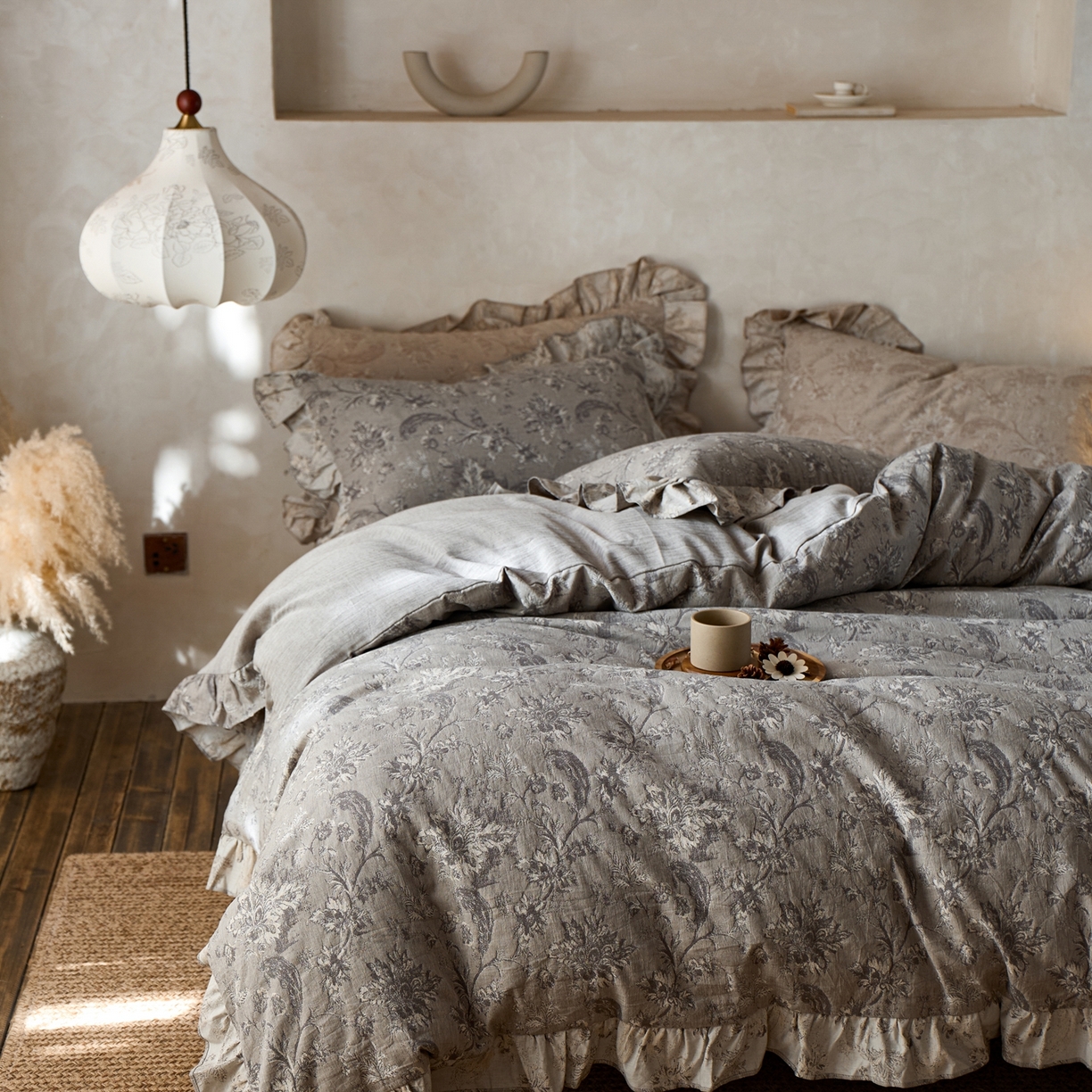 91家纺网 家纺一手货源 找家纺 安莱生活2025新款棉麻高端系列四件套 莫奈花园-深灰