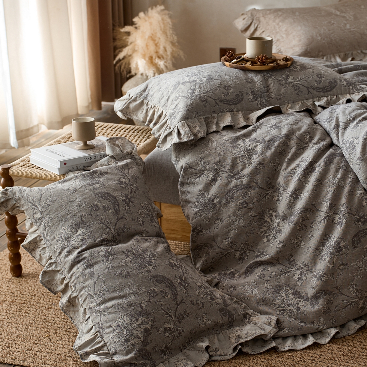 91家纺网 家纺一手货源 找家纺 安莱生活2025新款棉麻高端系列四件套 莫奈花园-深灰