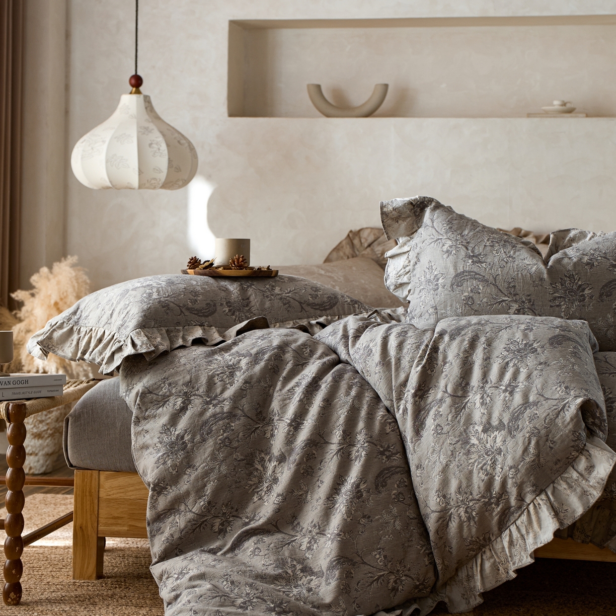 91家纺网 家纺一手货源 找家纺 安莱生活2025新款棉麻高端系列四件套 莫奈花园-深灰