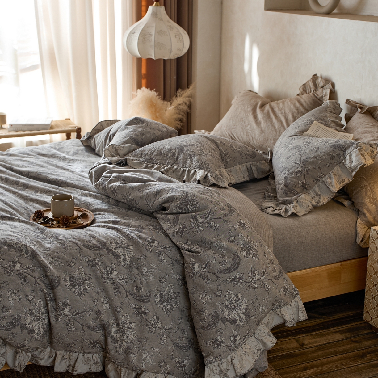 91家纺网 家纺一手货源 找家纺 安莱生活2025新款棉麻高端系列四件套 莫奈花园-深灰