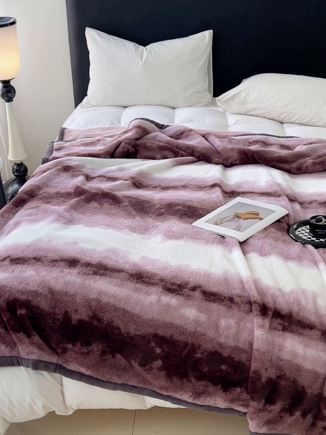 91家纺网 家纺一手货源 找家纺 锦润家纺 2025新款高克重多功能兔毛绒包边毛毯毯子 斑斓紫