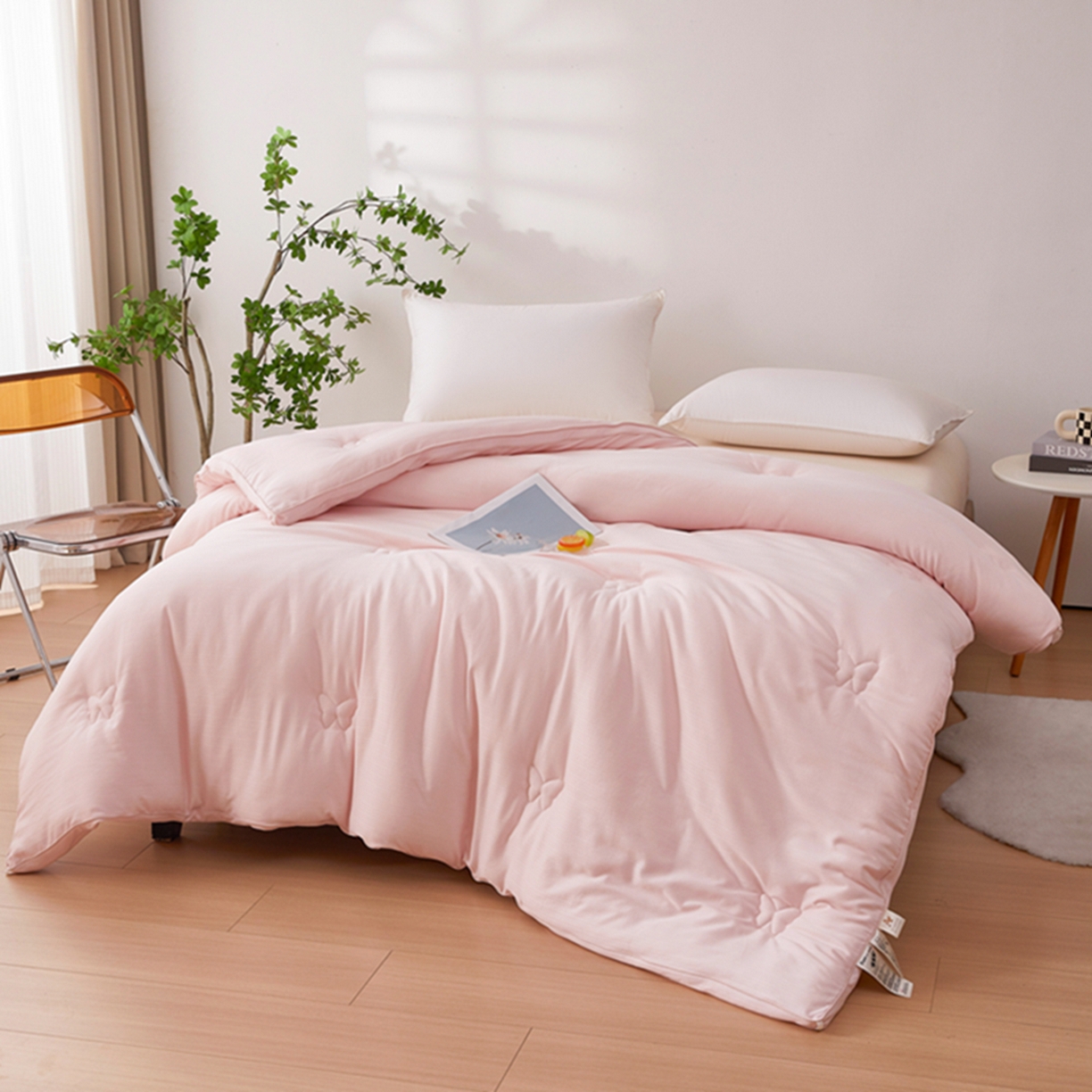 91家纺网 家纺一手货源 找家纺 晚悠家纺 2025新款A类提花云感睡眠立体大豆被子被芯 樱花粉