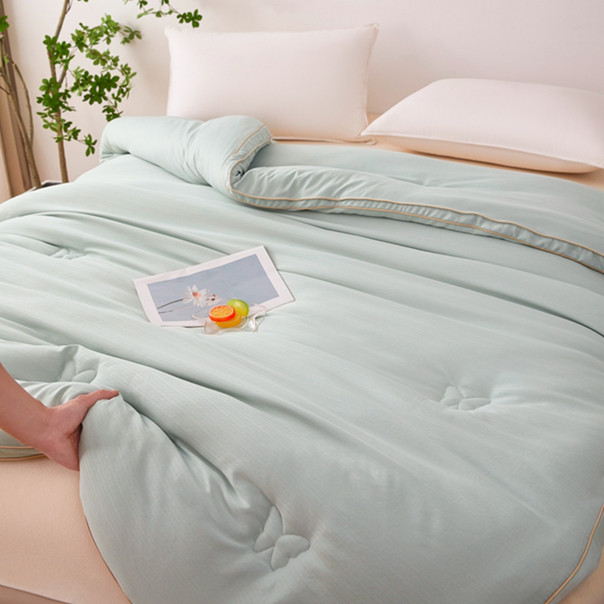 91家纺网 家纺一手货源 找家纺 晚悠家纺 2025新款A类提花云感睡眠立体大豆被子被芯 薄荷绿