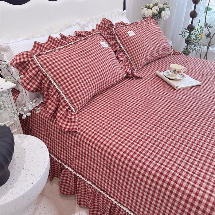 91家纺网 家纺一手货源 找家纺 菊上家纺 2025新款全棉纯棉色织水洗单品床盖床盖单件单床盖 卡秋莎-复古红格