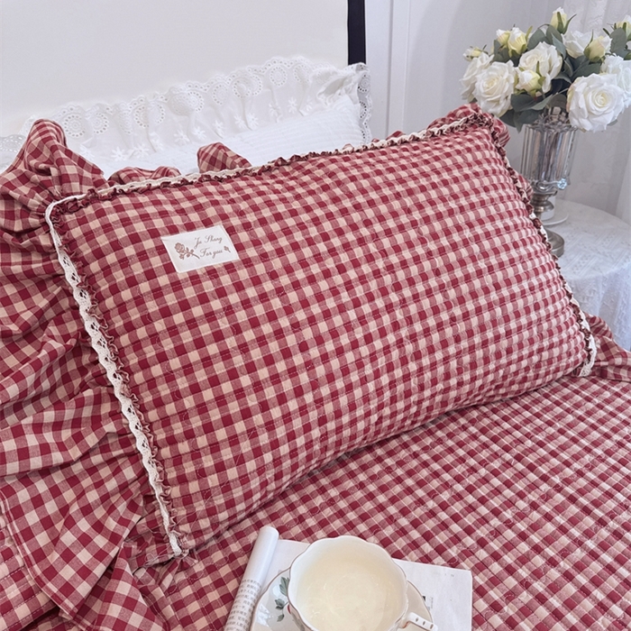 91家纺网 家纺一手货源 找家纺 菊上家纺 2025新款全棉纯棉色织水洗单品床盖床盖单件单床盖 卡秋莎-复古红格