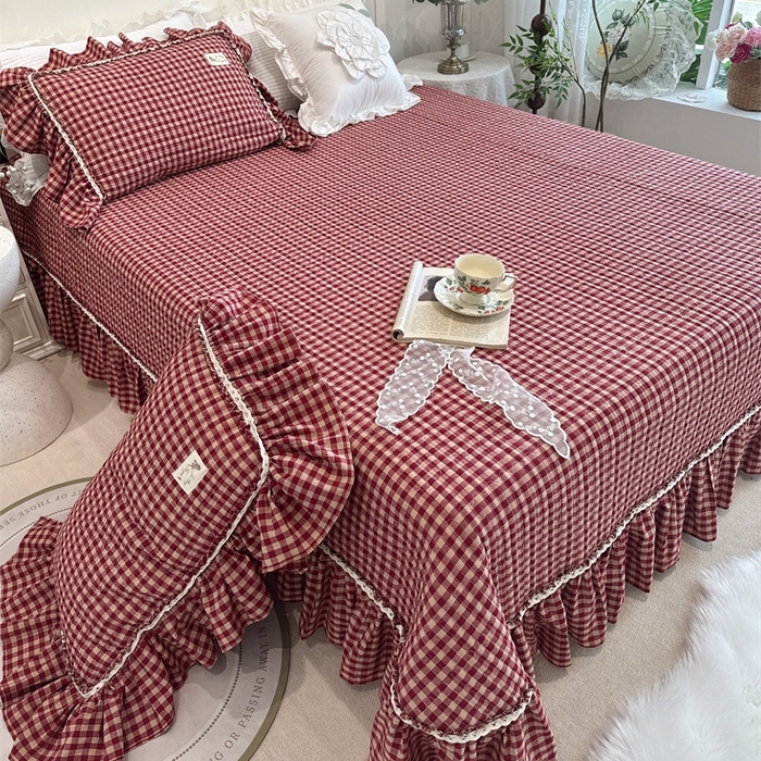 91家纺网 家纺一手货源 找家纺 菊上家纺 2025新款全棉纯棉色织水洗单品床盖床盖单件单床盖 卡秋莎-复古红格