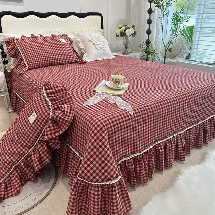 91家纺网 家纺一手货源 找家纺 菊上家纺 2025新款全棉纯棉色织水洗单品床盖床盖单件单床盖 卡秋莎-复古红格