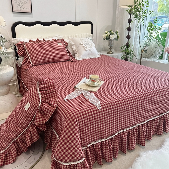 91家纺网 家纺一手货源 找家纺 菊上家纺 2025新款全棉纯棉色织水洗单品床盖床盖单件单床盖 卡秋莎-复古红格