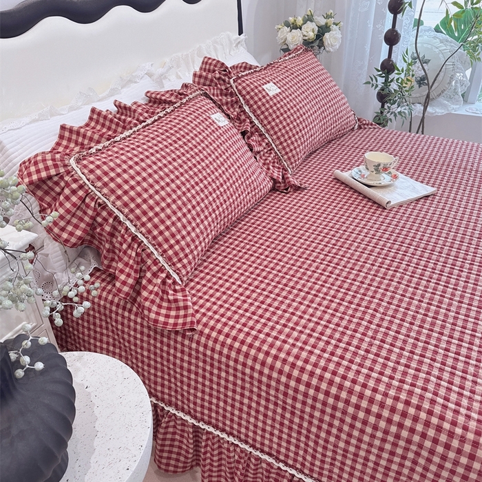 91家纺网 家纺一手货源 找家纺 菊上家纺 2025新款全棉纯棉色织水洗单品床盖床盖单件单床盖 卡秋莎-复古红格