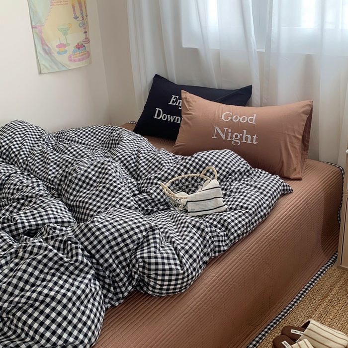 91家纺网 家纺一手货源 找家纺 秘密基地 2025新款韩系ins风混搭全棉纯棉水洗棉床盖四件套 慵懒黑格