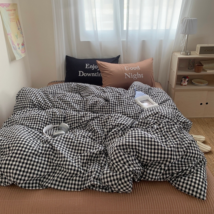 91家纺网 家纺一手货源 找家纺 秘密基地 2025新款韩系ins风混搭全棉纯棉水洗棉床盖四件套 慵懒黑格