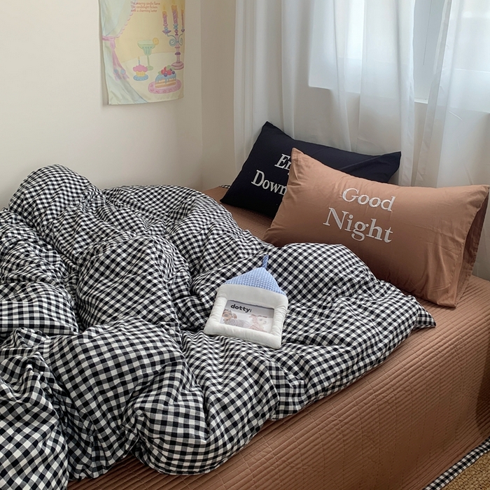 91家纺网 家纺一手货源 找家纺 秘密基地 2025新款韩系ins风混搭全棉纯棉水洗棉床盖四件套 慵懒黑格