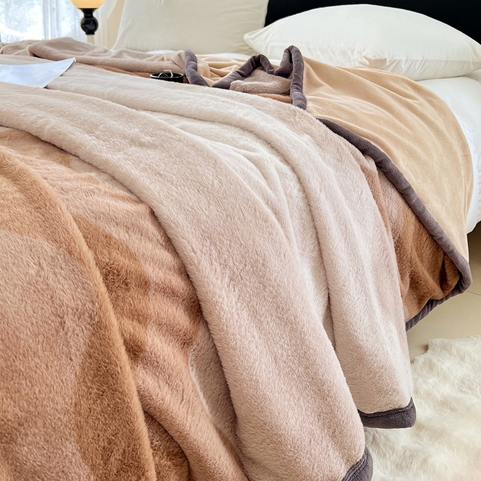 91家纺网 家纺一手货源 找家纺 锦润家纺 2025新款高克重多功能兔毛绒包边毛毯毯子 瑞格利亚-咖