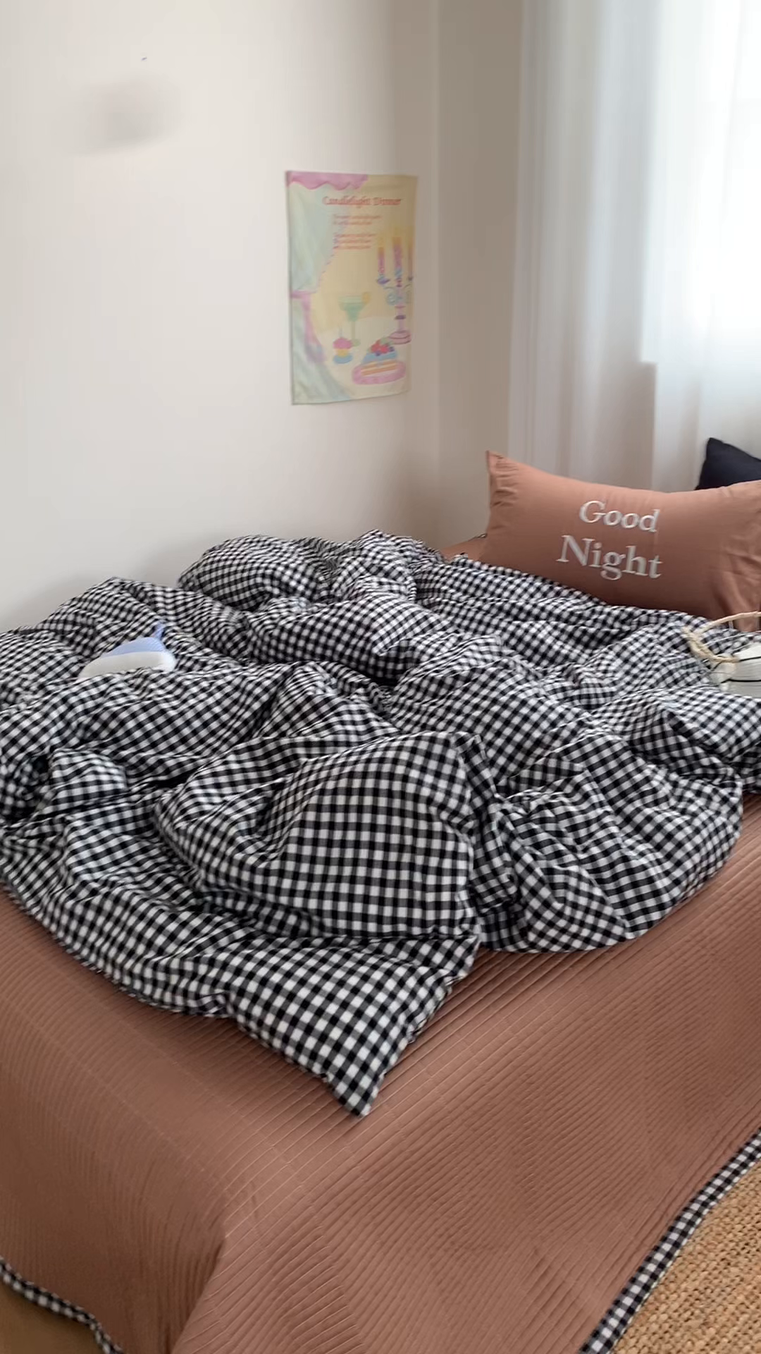 91家纺网 家纺一手货源 找家纺 秘密基地 2025新款韩系ins风混搭全棉纯棉水洗棉床盖四件套 慵懒黑格