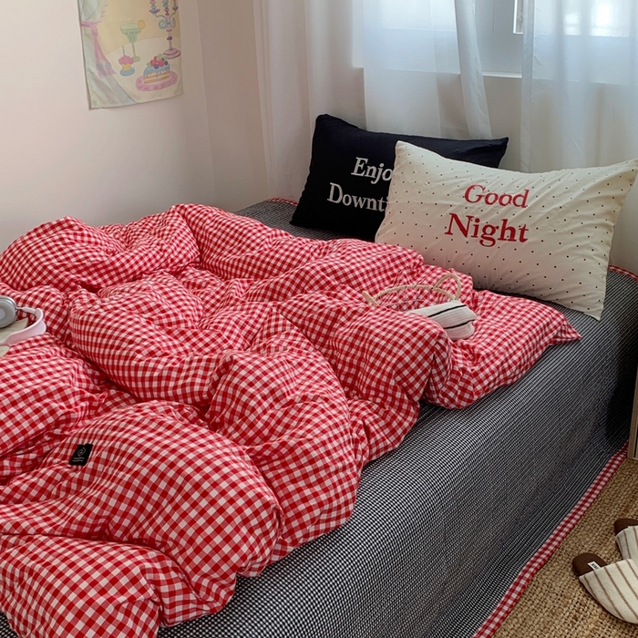 秘密基地 2025新款韩系ins风混搭全棉纯棉水洗棉床盖四件套 波点红格
