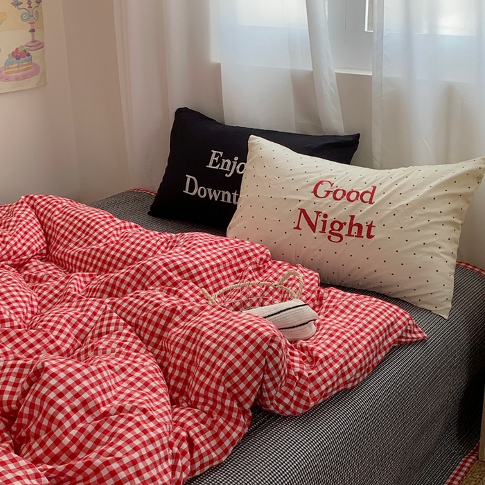 91家纺网 家纺一手货源 找家纺 秘密基地 2025新款韩系ins风混搭全棉纯棉水洗棉床盖四件套 波点红格