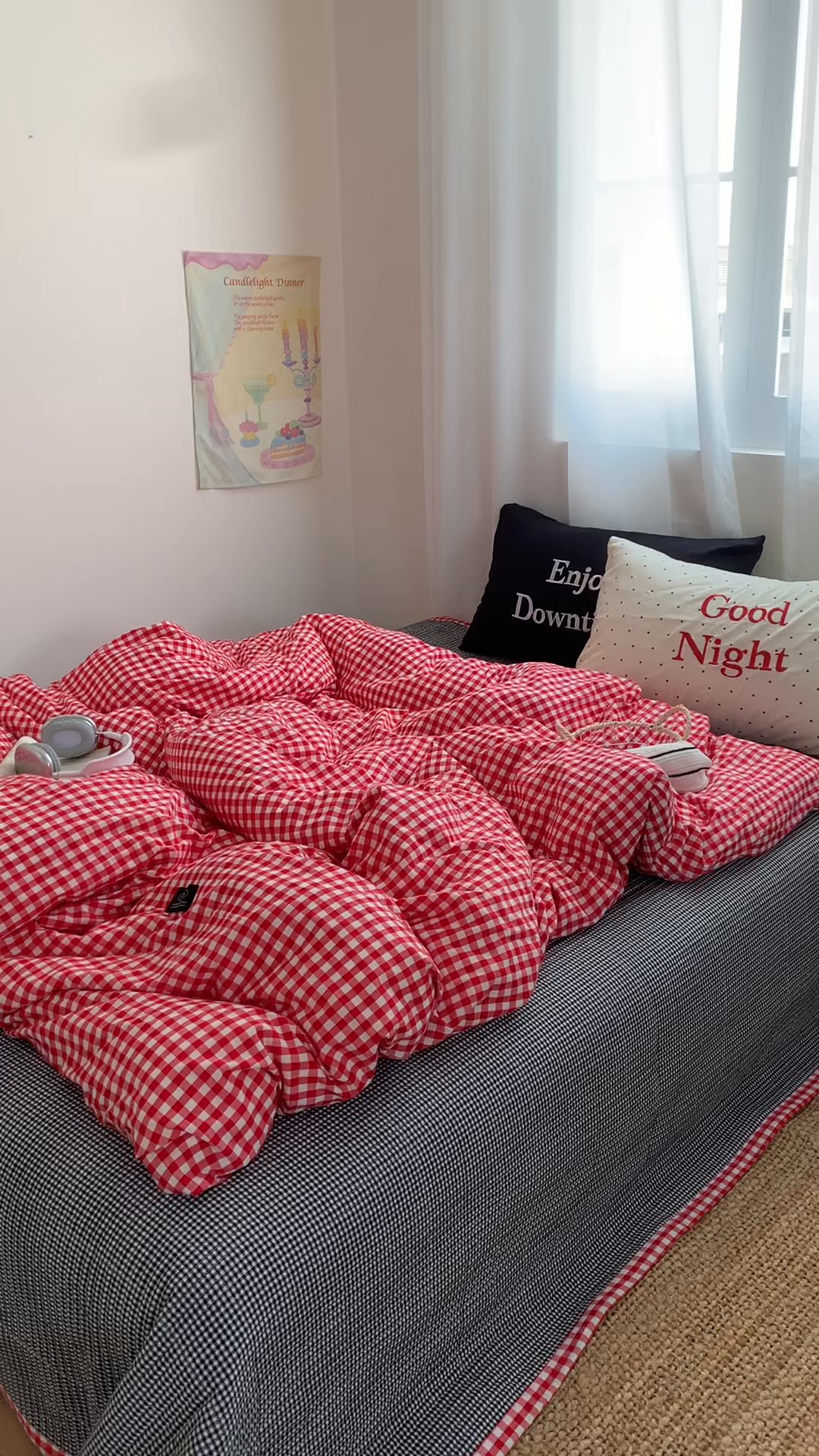 91家纺网 家纺一手货源 找家纺 秘密基地 2025新款韩系ins风混搭全棉纯棉水洗棉床盖四件套 波点红格