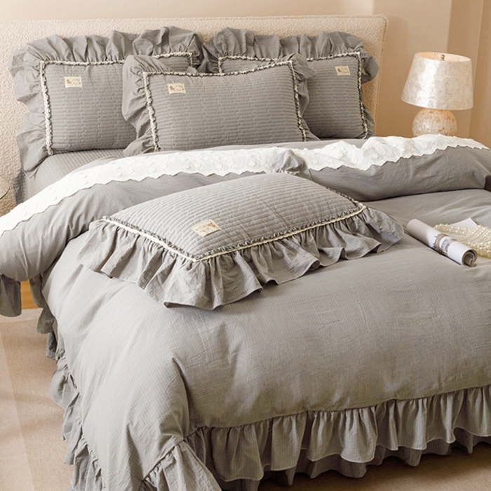 91家纺网 家纺一手货源 找家纺 菊上家纺 2025新款全棉纯棉色织水洗床盖四件套 卡秋莎-浅灰条