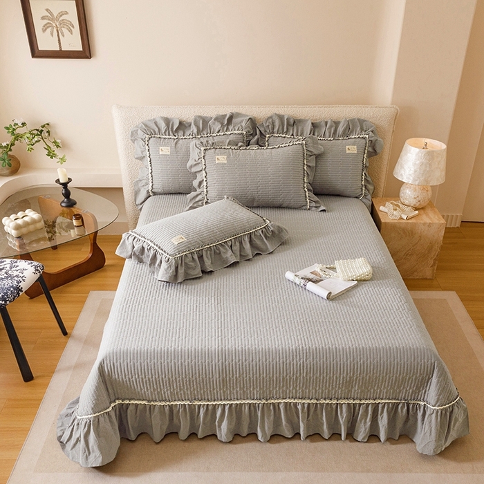 91家纺网 家纺一手货源 找家纺 菊上家纺 2025新款全棉纯棉色织水洗床盖四件套 卡秋莎-浅灰条