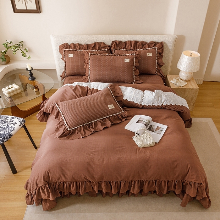 91家纺网 家纺一手货源 找家纺 菊上家纺 2025新款全棉纯棉色织水洗床盖四件套 卡秋莎-焦糖条