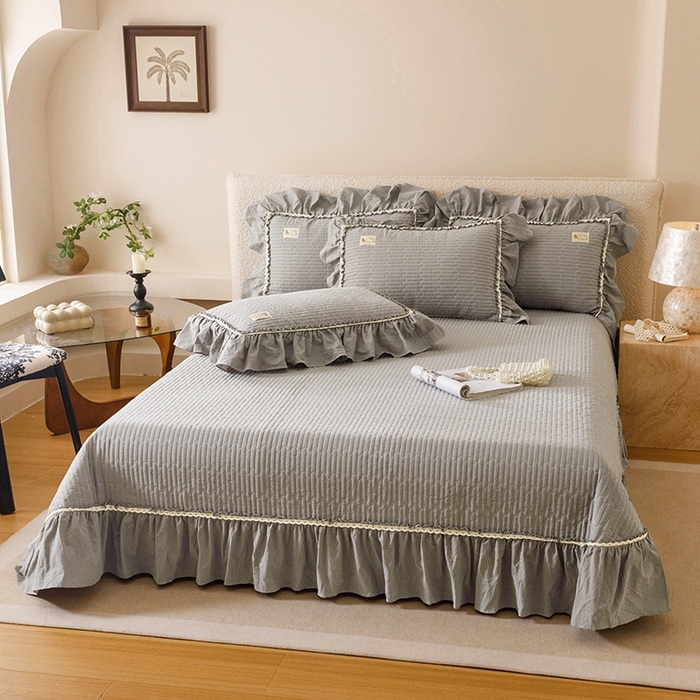 91家纺网 家纺一手货源 找家纺 菊上家纺 2025新款全棉纯棉色织水洗床盖四件套 卡秋莎-浅灰条