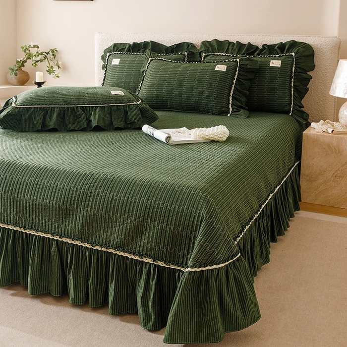 91家纺网 家纺一手货源 找家纺 菊上家纺 2025新款全棉纯棉色织水洗床盖四件套 卡秋莎-墨绿条