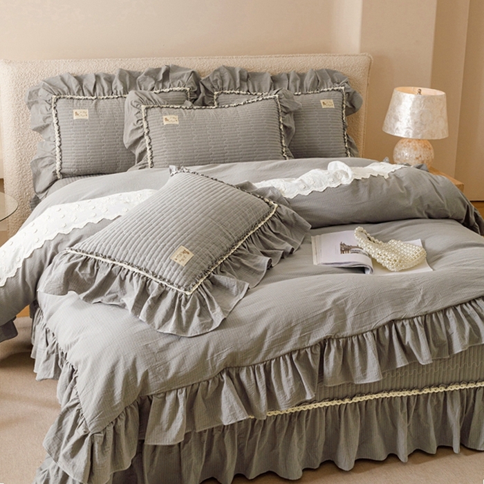 91家纺网 家纺一手货源 找家纺 菊上家纺 2025新款全棉纯棉色织水洗床盖四件套 卡秋莎-浅灰条