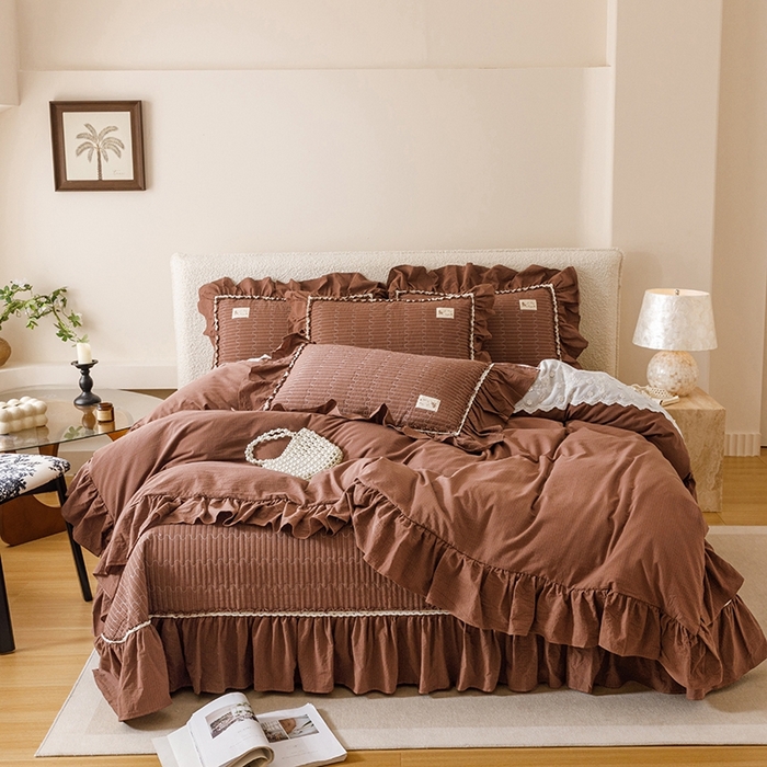 91家纺网 家纺一手货源 找家纺 菊上家纺 2025新款全棉纯棉色织水洗床盖四件套 卡秋莎-焦糖条