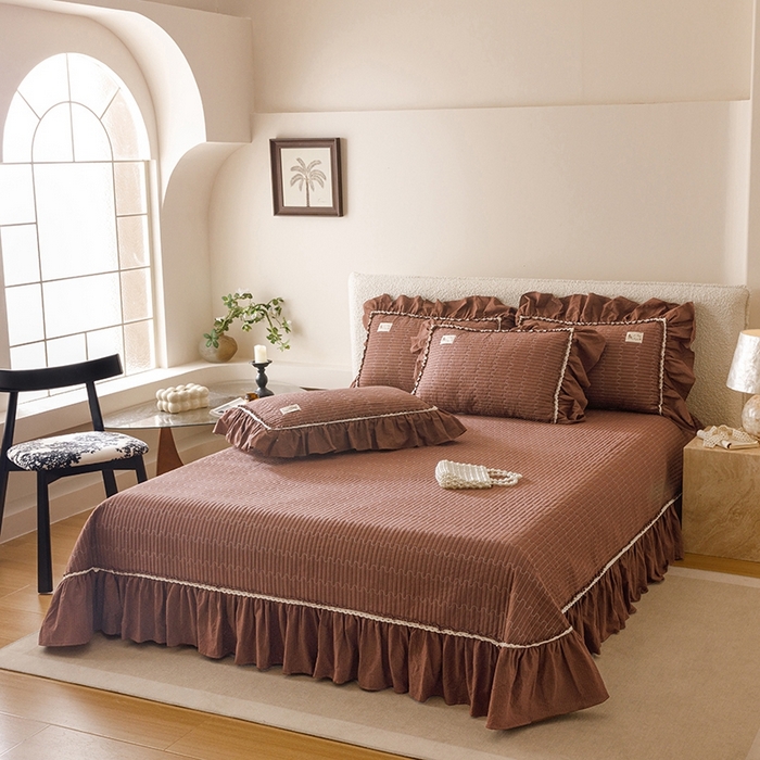 91家纺网 家纺一手货源 找家纺 菊上家纺 2025新款全棉纯棉色织水洗床盖四件套 卡秋莎-焦糖条