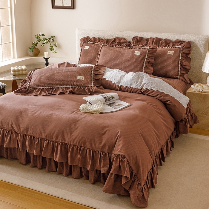 91家纺网 家纺一手货源 找家纺 菊上家纺 2025新款全棉纯棉色织水洗床盖四件套 卡秋莎-焦糖条