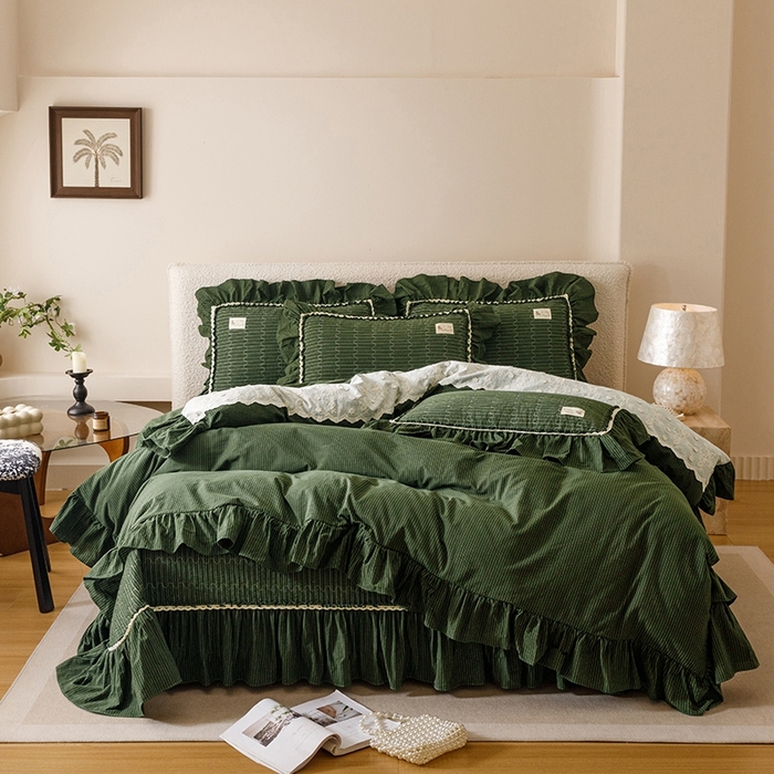 91家纺网 家纺一手货源 找家纺 菊上家纺 2025新款全棉纯棉色织水洗床盖四件套 卡秋莎-墨绿条