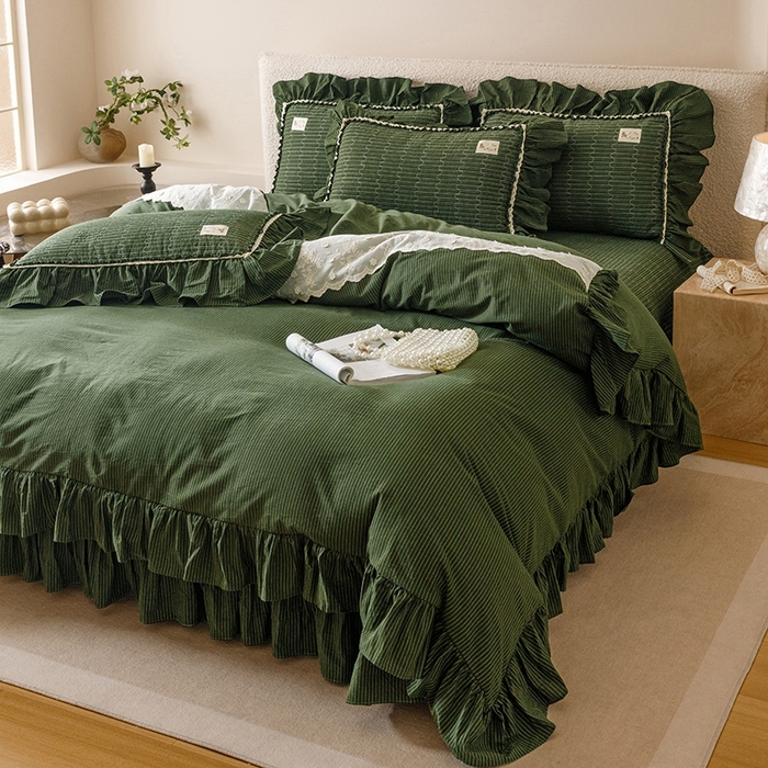 91家纺网 家纺一手货源 找家纺 菊上家纺 2025新款全棉纯棉色织水洗床盖四件套 卡秋莎-墨绿条