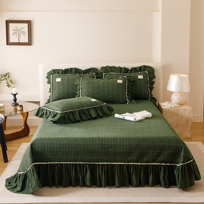 91家纺网 家纺一手货源 找家纺 菊上家纺 2025新款全棉纯棉色织水洗床盖四件套 卡秋莎-墨绿条