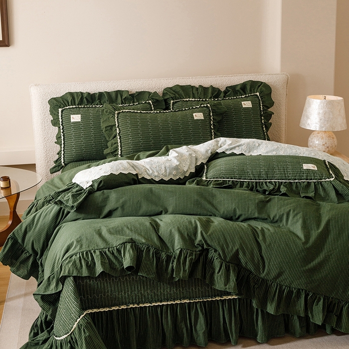 91家纺网 家纺一手货源 找家纺 菊上家纺 2025新款全棉纯棉色织水洗床盖四件套 卡秋莎-墨绿条