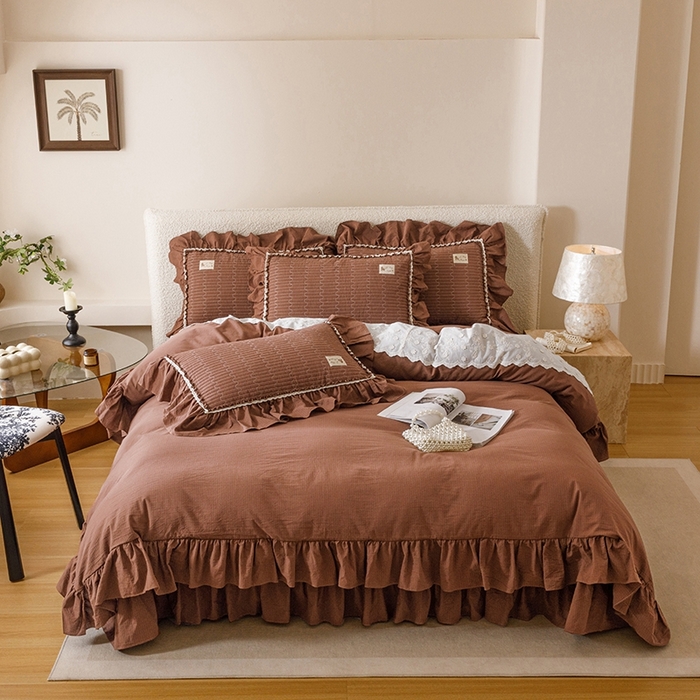 91家纺网 家纺一手货源 找家纺 菊上家纺 2025新款全棉纯棉色织水洗床盖四件套 卡秋莎-焦糖条