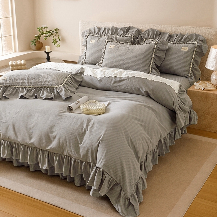 91家纺网 家纺一手货源 找家纺 菊上家纺 2025新款全棉纯棉色织水洗床盖四件套 卡秋莎-浅灰条