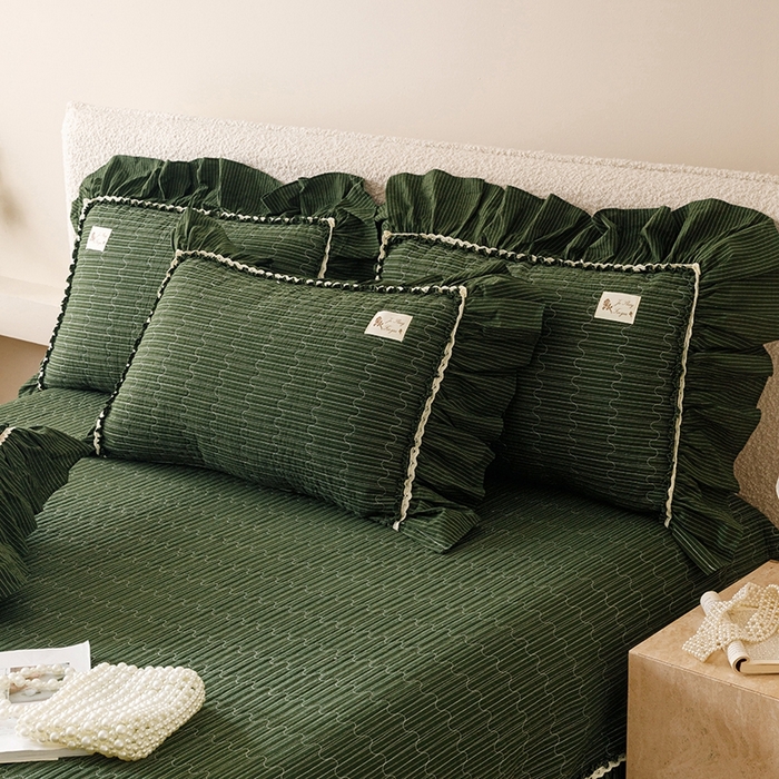 91家纺网 家纺一手货源 找家纺 菊上家纺 2025新款全棉纯棉色织水洗床盖四件套 卡秋莎-墨绿条