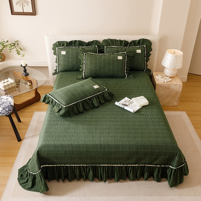 91家纺网 家纺一手货源 找家纺 菊上家纺 2025新款全棉纯棉色织水洗床盖四件套 卡秋莎-墨绿条