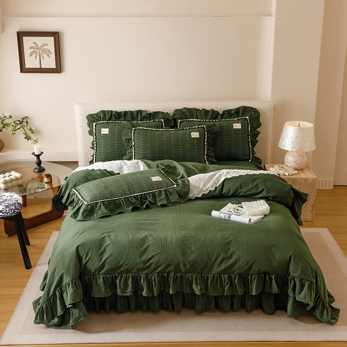 91家纺网 家纺一手货源 找家纺 菊上家纺 2025新款全棉纯棉色织水洗床盖四件套 卡秋莎-墨绿条