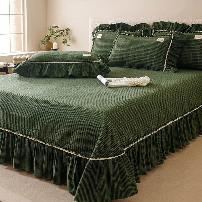 91家纺网 家纺一手货源 找家纺 菊上家纺 2025新款全棉纯棉色织水洗床盖四件套 卡秋莎-墨绿条