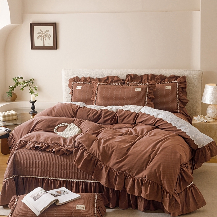 91家纺网 家纺一手货源 找家纺 菊上家纺 2025新款全棉纯棉色织水洗床盖四件套 卡秋莎-焦糖条