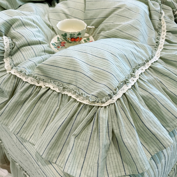 91家纺网 家纺一手货源 找家纺 菊上家纺 2025新款全棉纯棉色织水洗床盖四件套 卡秋莎-清新绿条